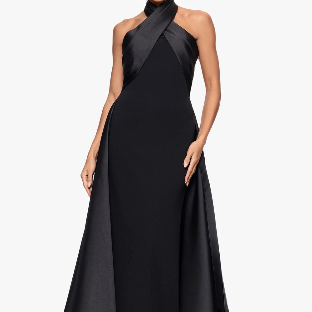 Betsy & Adam Dina Scuba Crepe Twist Halter Neck Floor Length Gown